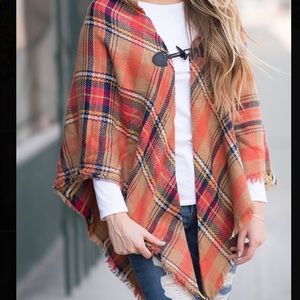 Orange & Red Plaid Convertible Poncho - Womens OS